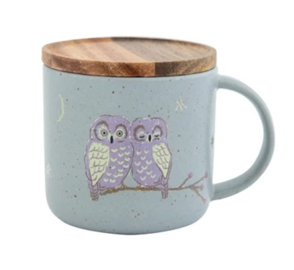 CDF ètendue 美濃燒木蓋杯子 - 藍色貓頭鷹款正面 帶木蓋